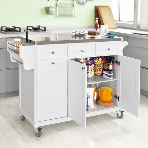 Rootz Luxury Kitchen Trolley with Large Storage Cabinet - Kitchen Island with Stainless Steel Worktop