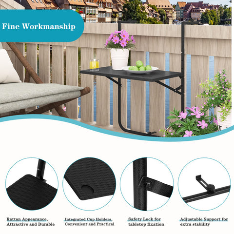 Rootz Hanging Balcony Table - Terrace Table - Deck Stand - Patio Desk - Outdoor Surface - Balustrade Counter - Rail Furniture - Black - 60x36 cm