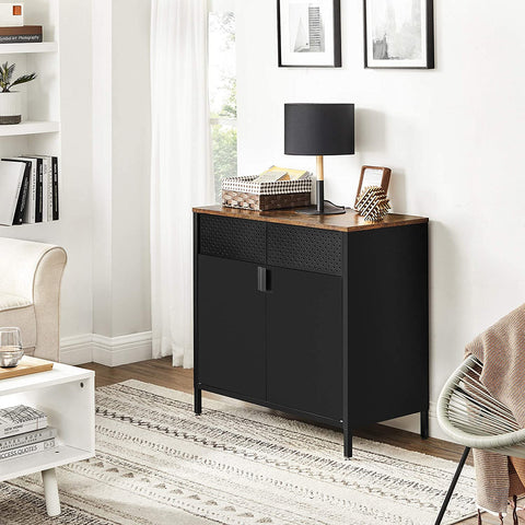 Rootz Sideboard - Sideboard - Storage Cabinet - Magnetic Closure - Adjustable Shelves - Metal - Processed Wood - Brown - Black - 80 x 40 x 76 cm