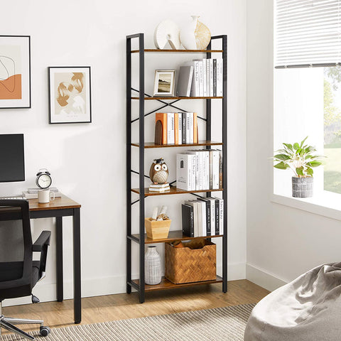 Rootz Bookcase - 6 Levels - Storage Cabinet - Storage Rack - 6 Levels - 186 cm - Brown - Black - Processed Wood - Steel