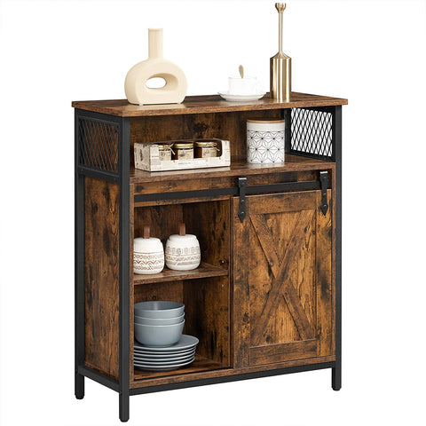 Rootz Sideboard - Storage Cabinet - Kitchen Cabinet - Sliding Door - Open Compartment - Adjustable Shelf - Industrial - Brown - Black - 70 x 30 x 80 cm