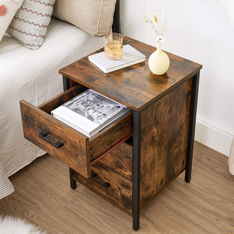 Rootz Bedside table - chest of drawers - side table - 3 drawers - industrial - brown - black - processed wood - metal - 40 x 40 x 60 cm