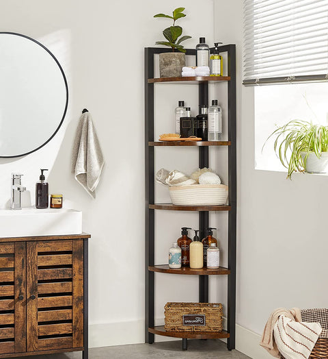 Rootz Corner Cabinet - Bookcase - Shelf - Metal - Processed Wood - Brown - Black - 30 x 30 x 150 cm