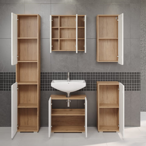 Rootz Bathroom Cabinet - Storage Unit - Washroom Furniture - Vanity Stand - Towel Holder - Restroom Organizer - Bath Rack - White Gloss and Artisan Oak - 37 x 82 x 31 cm