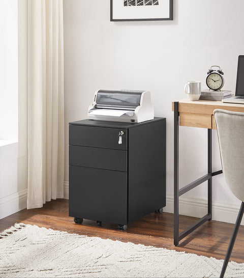 Rootz Steel Rolling Cabinet with 3 Drawers - Hanging File Lockable Office Cabinet - 52 x 39 x 60 cm