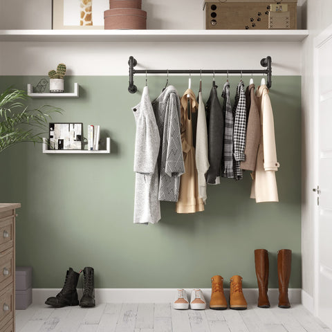 Rootz Wall Mounted Clothes Rack - Set of 2 - Industrial Pipe Clothes Hanging Bar - Black - 110 x 30 x 29.3 cm