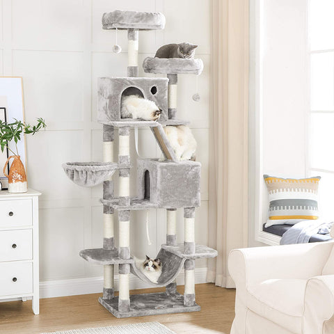 Rootz Scratching Post - Cat Tree - Cat Caves - Hammock - Gray - Beige - Hammock - 7 Levels - 60 x 50 x 206 cm