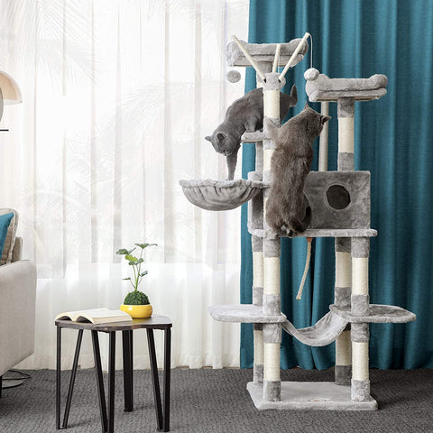 Rootz Cat Tree - Scratching Post - Hammock - Cat Cave - 6 Levels - Gray - Beige - 50 x 50 x 164 cm