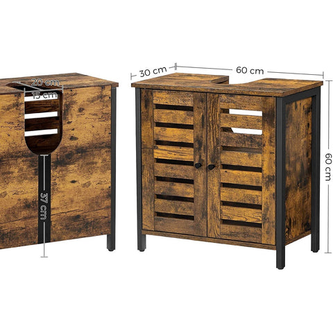Rootz Bathroom Furniture - Bathroom Cabinet - Washbasin Base Cabinet - 2 Doors - Industrial - Brown - Black - Processed Wood - Steel - 60 x 30 x 60 cm