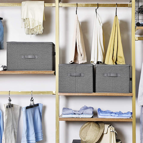 Rootz Storage Boxes - Set Of 3 - Lid - Foldable - Fabric - Handles - Gray - 40 x 30 x 25 cm