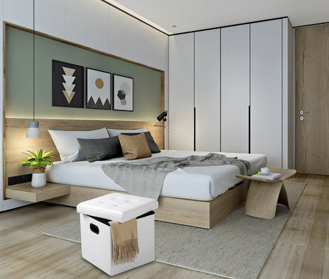 Rootz Sitzhocker - Storage Stool - Seating Chest - Footstool - Organizational Ottoman - Upholstered Bench - Furniture Cube - White - 37.5x37.5x38cm