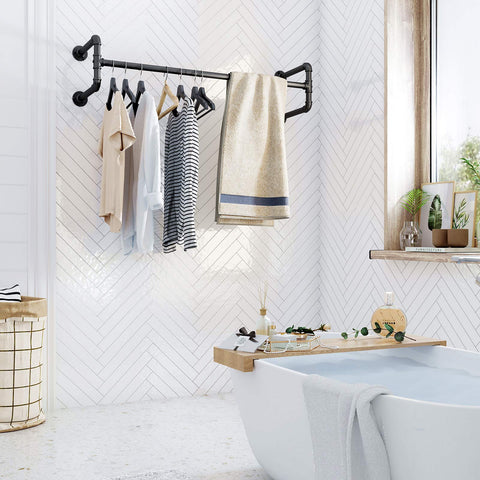 Rootz Wall Mounted Clothes Rack - Set of 2 - Industrial Pipe Clothes Hanging Bar - Black - 110 x 30 x 29.3 cm