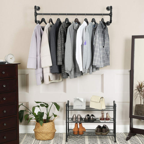 Rootz Wall Mounted Clothes Rack - Set of 2 - Industrial Pipe Clothes Hanging Bar - Black - 110 x 30 x 29.3 cm