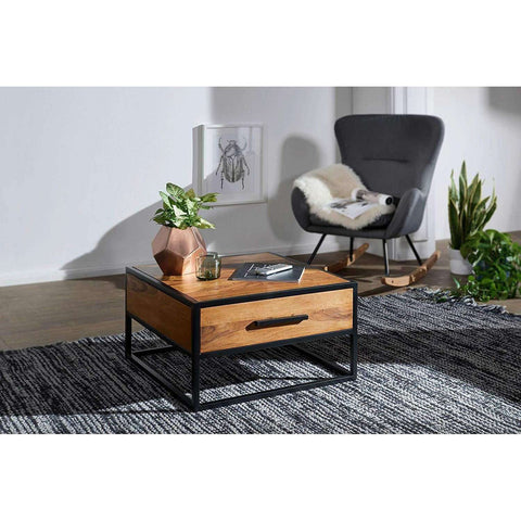 Rootz Industriële Salontafel - Bijzettafel - Massief Hout - Bruin - Luxe Retro Vintage Glazen Salontafel Met Opbergruimte - 65 x 38 x 65 cm
