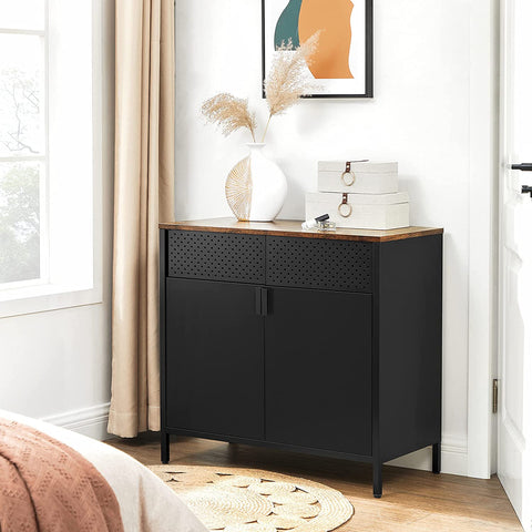 Rootz Sideboard - Sideboard - Storage Cabinet - Magnetic Closure - Adjustable Shelves - Metal - Processed Wood - Brown - Black - 80 x 40 x 76 cm