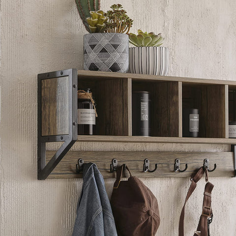 Rootz WallCoat Rack - Wall Shelf Hook - Rack with 4 Compartments and 5 Hooks - W73 x D16 x H28cm