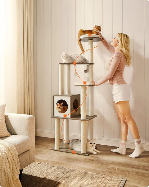 Rootz Scratching Post - Cat House - Cat Cave - With Toy Ball - Cat Tree - Greige - 58 x 40 x 165 cm (L x W x H)