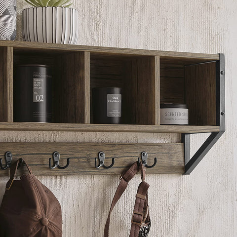 Rootz WallCoat Rack - Wall Shelf Hook - Rack with 4 Compartments and 5 Hooks - W73 x D16 x H28cm