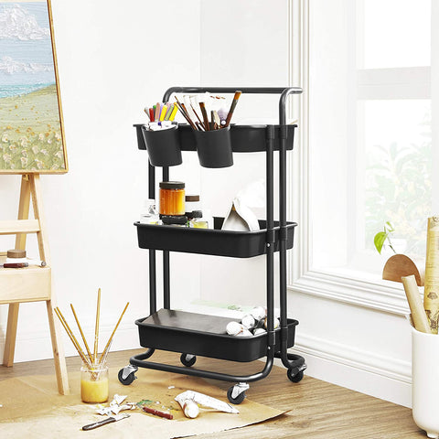 Rootz Kitchen trolley - Kitchen trolley - Serving trolley - 2 Trays - 2 Brakes - Plastic Storage compartments - Black