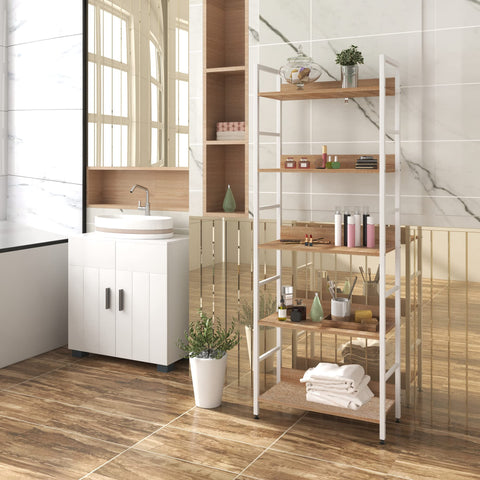 Rootz Standregal Hochregal - Shelving Unit - Bookshelf - Storage Rack - Display Stand - Organizer - Tiered Shelf - White + Light Oak - 60x27.5x160 cm