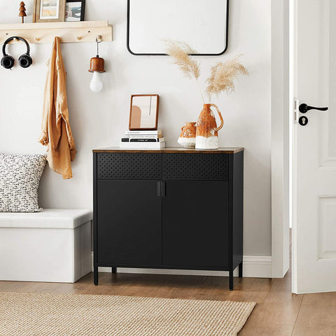 Rootz Sideboard - Sideboard - Storage Cabinet - Magnetic Closure - Adjustable Shelves - Metal - Processed Wood - Brown - Black - 80 x 40 x 76 cm