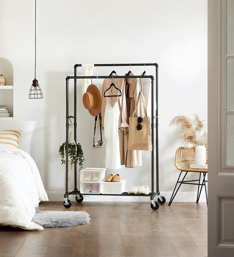 Rootz Coat rack - Clothes rail - Coat stand with 2 clothes rails and shelf - Loadable up to 110 kg - Industrial design - For bedroom and dressing room - Black