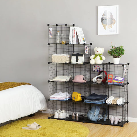 Rootz Storage Rack - Boltless - 16 Cubes - Shoe Rack - Wire - Metal - Organizer - Black - 123 x 31 x 123 cm