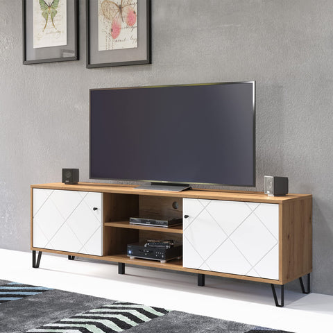 Rootz Touch Lowboard - TV Stand - Media Unit - Entertainment Center - Storage Console - Display Shelf - Artisan Oak/White - 183x56x40 cm