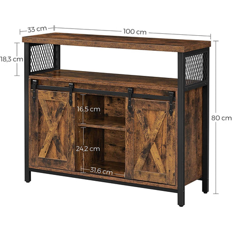 Rootz Dressoir - Opbergkast - Dressoir - Keukenkast - 2 Schuifdeuren - Verstelbare Plank - Industrieel - Bruin - Zwart - 100 x 33 x 80 cm