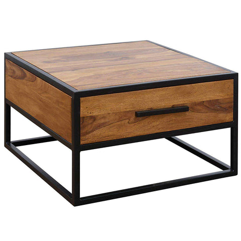 Rootz Industriële Salontafel - Bijzettafel - Massief Hout - Bruin - Luxe Retro Vintage Glazen Salontafel Met Opbergruimte - 65 x 38 x 65 cm