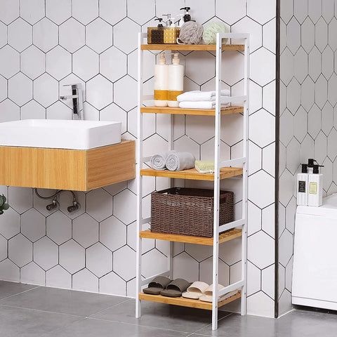 Rootz Shelving Unit - Storage Rack - Kitchen Cabinet - Bamboo - White - Beige - 5 Levels - 45 x 31.5 x 142 cm