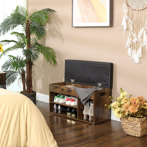 Rootz Shoe Bench - Seat Bench - Padded, 3 Open Compartments, Under Seat Storage - Shoe Storage - Hallway, Living Room, Bedroom - Dark Brown