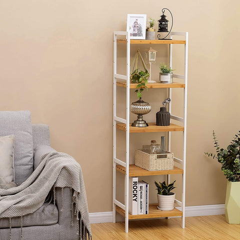 Rootz Shelving Unit - Storage Rack - Kitchen Cabinet - Bamboo - White - Beige - 5 Levels - 45 x 31.5 x 142 cm