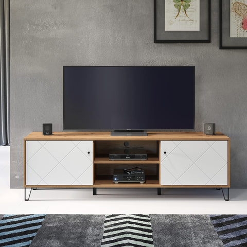 Rootz Touch Lowboard - TV Stand - Media Unit - Entertainment Center - Storage Console - Display Shelf - Artisan Oak/White - 183x56x40 cm