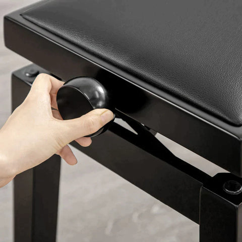 Rootz Pianobank - Pianostoel - In Hoogte Verstelbaar - Elegant Hoogglans - Imitatie Leder + Rubber Hout - Zwart - 63 x 33 x 56 cm