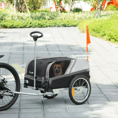 Rootz Hundeanhänger – 2-in-1-Hundeanhänger – Trolley für Haustiere – Fahrradanhänger – Hundetransporter – atmungsaktiv – Metall – Oxford-Stoff – Schwarz + Grau + Silber – 130 x 64 x 92 cm