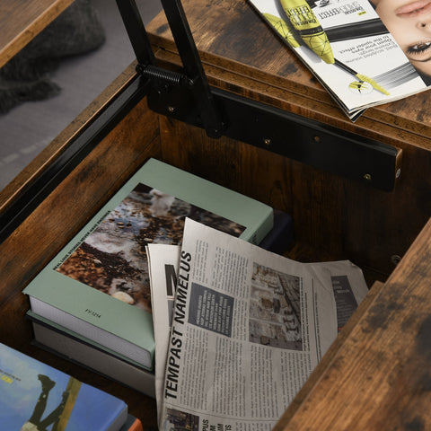 Rootz Salontafel - Salontafel - In Hoogte Verstelbaar Blad - 100L x 60D x 40H cm - Opbergruimte - Top Lift - Ruimtebesparend - Bruin - Bewerkt Hout - Staal Gram