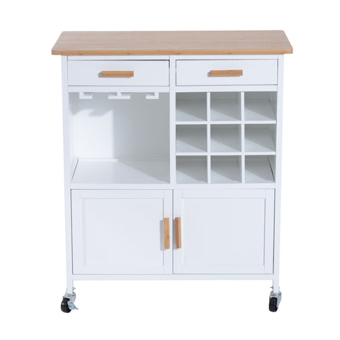 Rootz Kitchen trolley - Kitchen trolley - Serving trolley - Wine rack - French doors - Drawers - On wheels - White - Brown