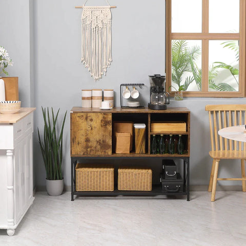 Rootz Sideboard In Industrial Design - 5 Shelves - 1 Cabinet - Buffet - Kitchen Cabinet - Black + Brown - 112cm x 40cm x 85cm