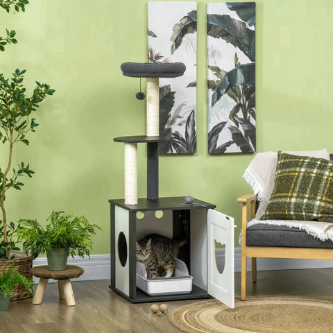 Rootz Scratching Post - Cat House - Litter Box - With Lying Cushion - 2 Platforms - Toy Ball - Dark Grey - 49 x 46 x 131.5cm
