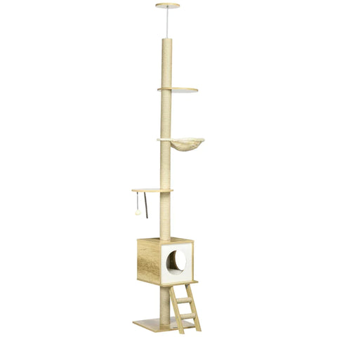 Rootz Scratching Post - Ceiling High - Cat House - Two Platforms - Hammock - Anti-tip - Light Brown + Beige - 40 x 40 x 260 cm