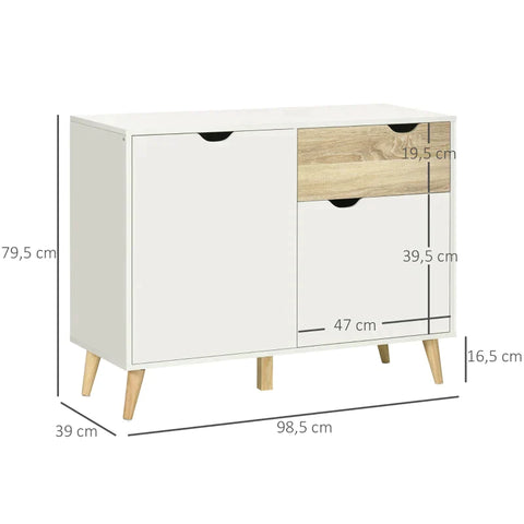 Rootz Storage Cabinet - Chest Of Drawers - Sideboard - 1 Drawer - 2 Cabinet Compartments With Shelves - White + Wood - 98.5 x 39 x 79.5 cm