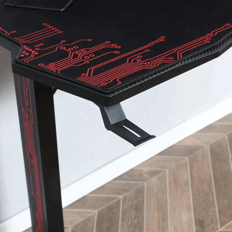 Rootz Gaming-Tisch – Gaming-Tisch Schreibtisch mit Kopfhörerhaken – Getränkehalter – Computertisch mit Mauspad – Schwarz + Rot – 140 x 70 x 77 cm