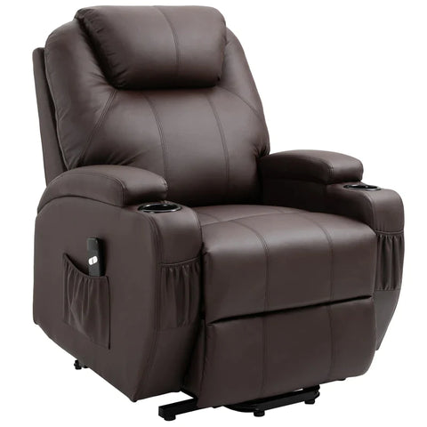 Rootz Relaxation Chair - Stand-up Aid - Including Remote Control - Cup Holder - Adjustable Backrest - Faux Leather - Brown - 84L x 92W x 109H cm