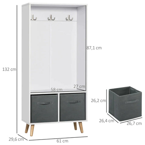 Rootz Wardrobe - 3 Hooks - 2 Fabric Drawers - Nordic Design - White + Grey - 61 x 29.6 x 132cm