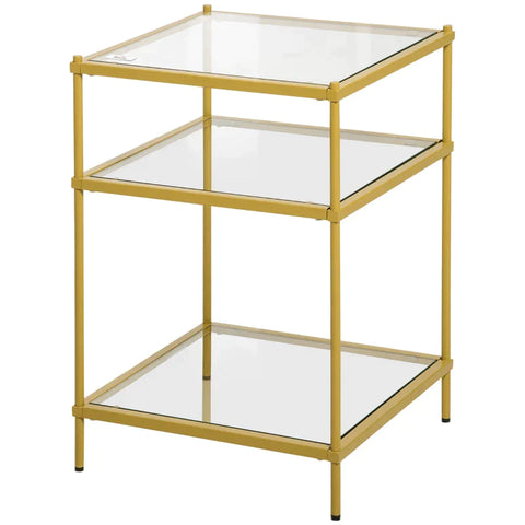 Rootz Side Table -  Coffee Table - Bedside Table - With 3 Glass Shelves - With Steel Frame - Tempered Glass/Steel - Gold - 40 x 40 x 60 cm