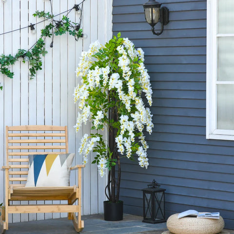 Rootz Kunstplant met Witte Blauweregen Decoratie - 1,65 m Kunstplanten in Pot - Kunstboomdecoratie - Kunststof - Cement - Wit + Groen - 24 x 24 x 165 cm