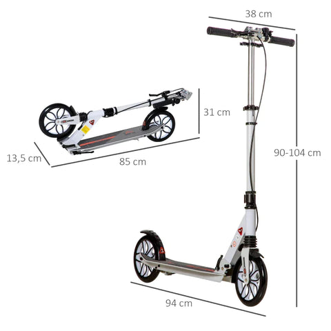 Rootz Kick Scooter - Scooter Kickscooter - Foldable Scooter - With 200 Mm Non-slip Tires - Height Adjustable - White/Black - 94 x 38 x 90-104 cm