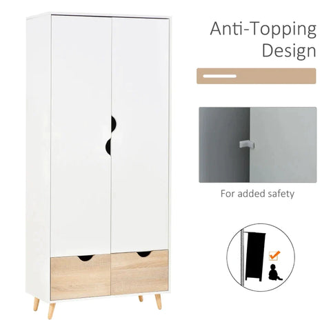 Rootz Wardrobe - Wardrobe With Rod Drawer - Living Room - Bedroom - White/Natural - 80 x 40 x 180 cm