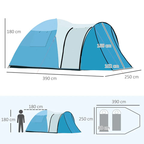 Rootz 3 Persoons Campingtent - Draagtas - Haringen - Trekkoord - Verwijderbare scheidingswand - Waterdicht - Blauw - 390L x 250W x 180H cm